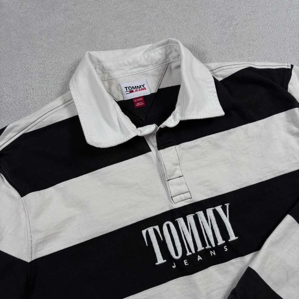 Tommy Jeans Mens XL Rugby Shirt Long Sleeve Black White Striped Cotton Logo